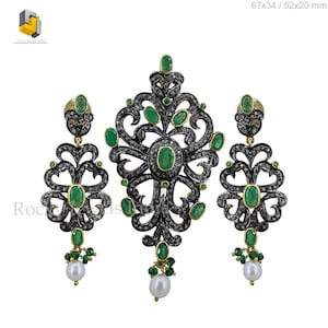14k Gold Sterling Silver Emerald Diamond Pearl Jewelry Set