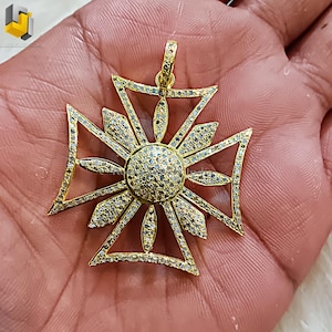 Art Deco Diamond Cross Pendant: Yellow Gold Flower, Sterling Silver