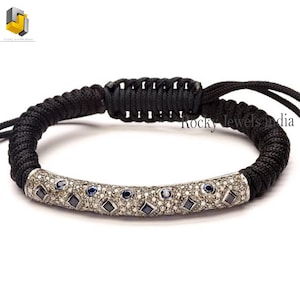 925 Sterling Silver Pave Diamond & Sapphire Bracelet - Black Thread