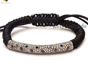 925 Sterling Silver Pave Diamond & Sapphire Bracelet - Black Thread