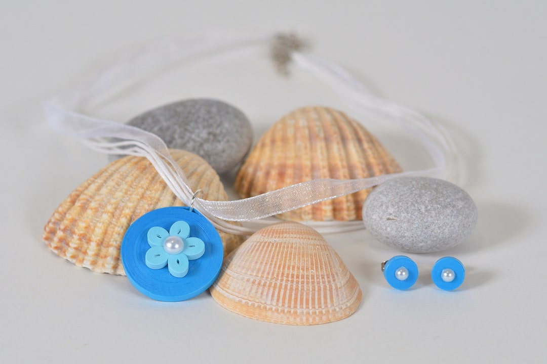 Paper Jewellery Set Blue Flower Quilling Paper Disc Necklace Etsy
