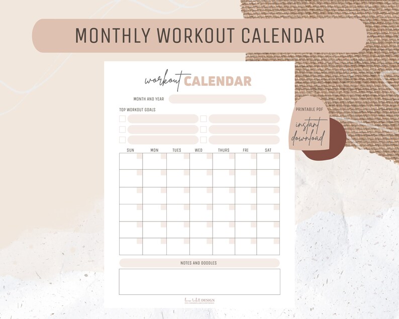 monthly workout calendar printable pdf instant download etsy