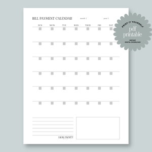 Bill Payment Calendar Downloadable | USLetter | Minimalist | Printable Planner | PDF | Financial Calendar | Bill Due Dates | Bill Tracker