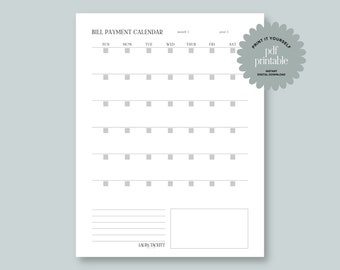 Bill Payment Calendar Downloadable | USLetter | Minimalist | Printable Planner | PDF | Financial Calendar | Bill Due Dates | Bill Tracker