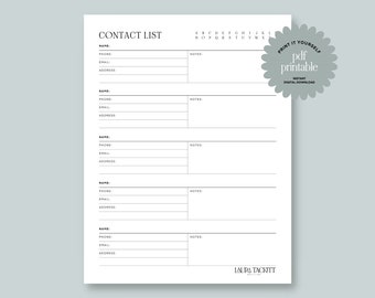 Contact List Downloadable | USLetter | Printable Planner | PDF | Instant Download | Address Log | Address Book | Emergency Contact