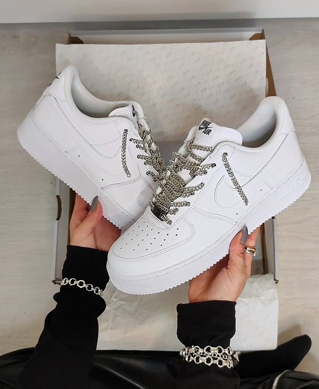 Juniors Nike Customs Alloy Illusion Silver Chain Laces Air Force 1 Made To Order