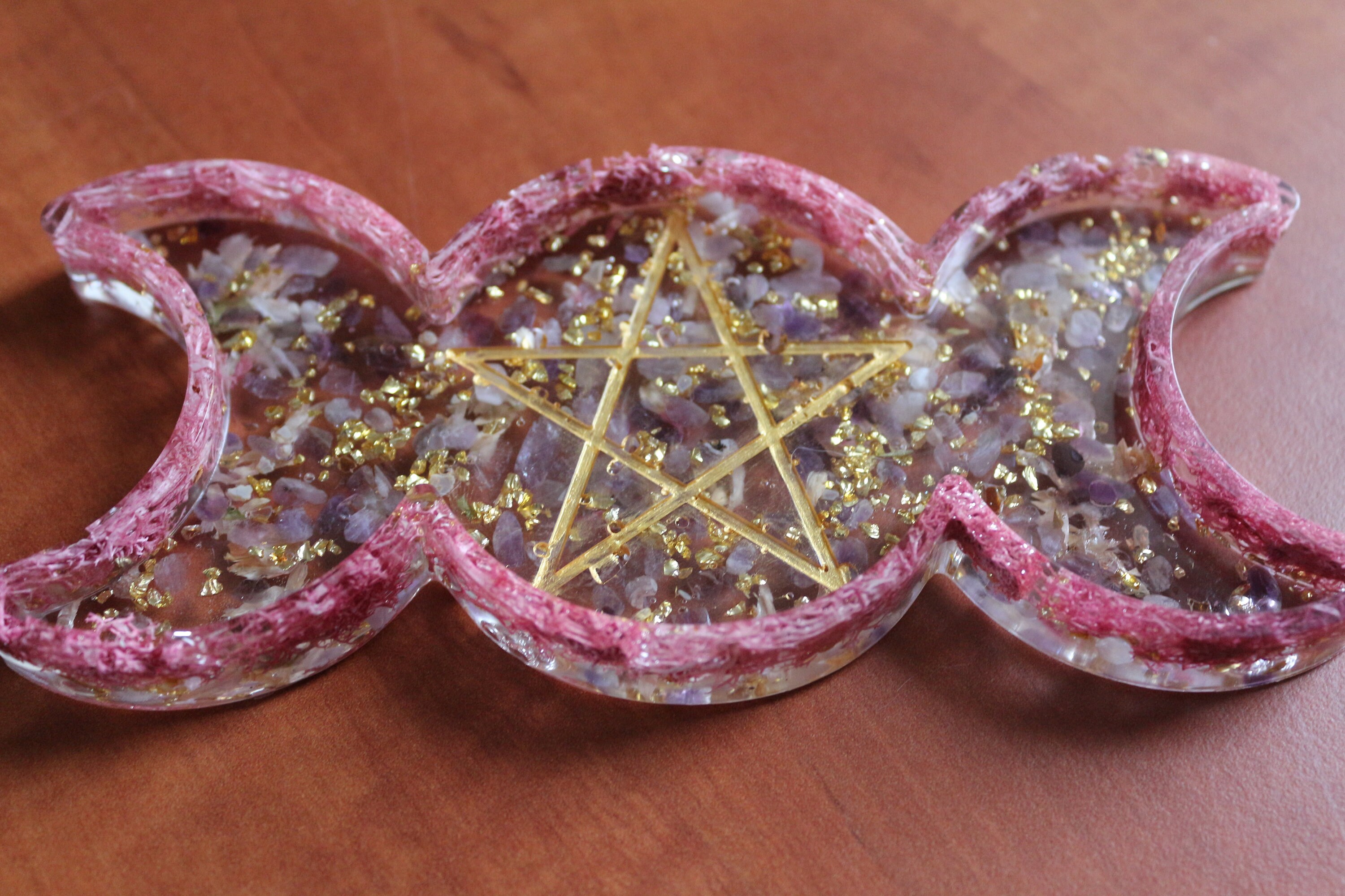 Support à Bougie/Vide Poche Triple Lune Paien Ésotérique Spirituel Étoile Orgonite Pentacle Harmonie