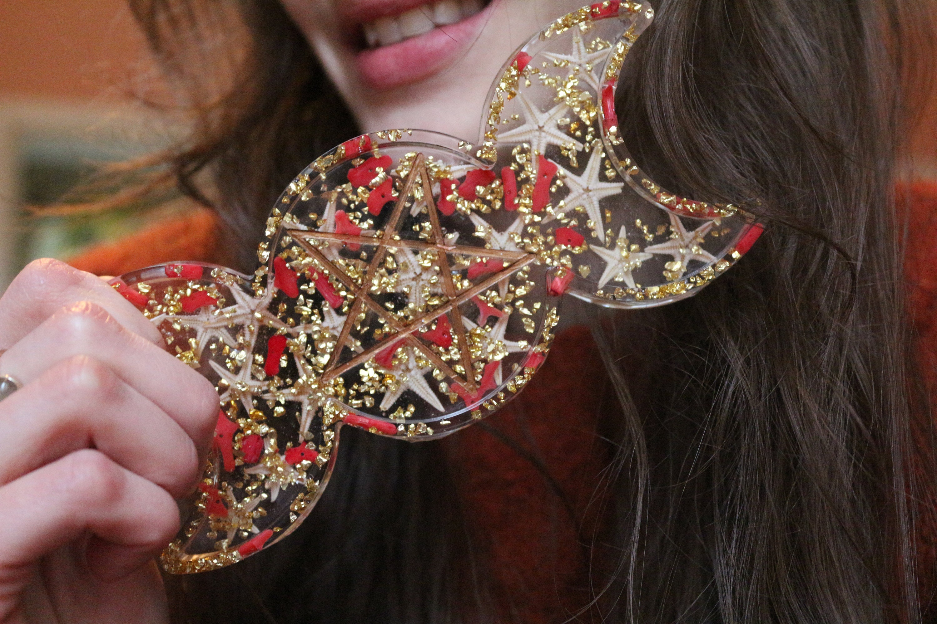 Support à Bougie/Vide Poche Triple Lune Paien Ésotérique Spirituel Étoile Orgonite Pentacle Harmonie