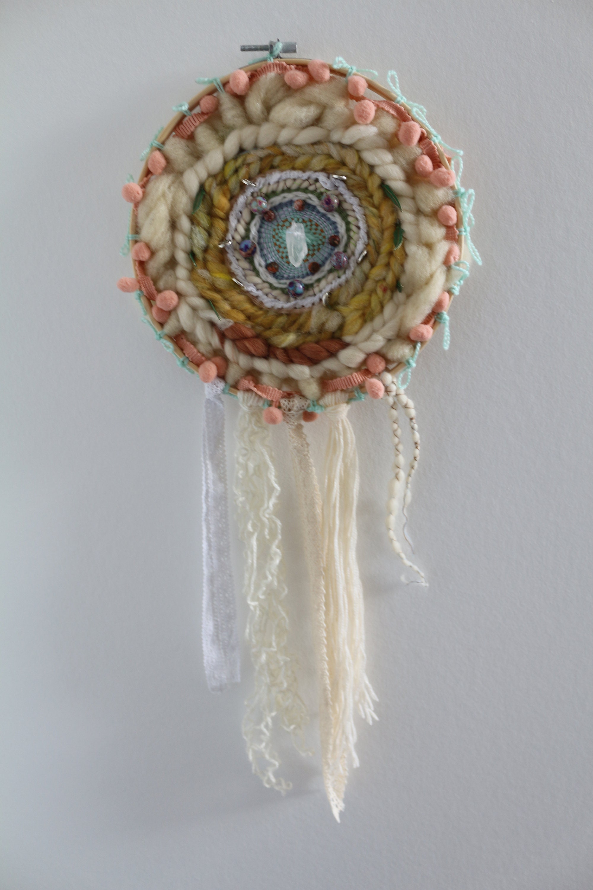 Tissage Laine Quartz Douceur Décoration Mural Attrape Rêve Shabby Boho Hippie Ésotérique Witch Paien