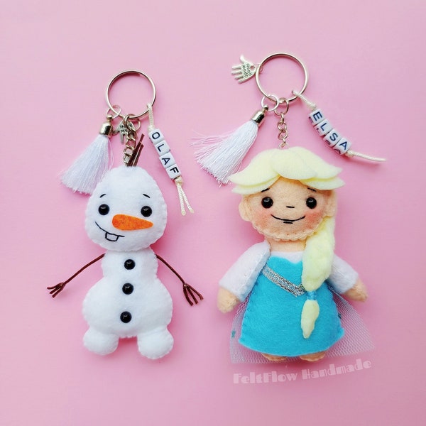 Schlüsselanhänger aus Filz, inspiriert von Figuren aus dem Disney-Cartoon „Die Eiskönigin“ / Olaf und Elsa / Kunsthandwerk