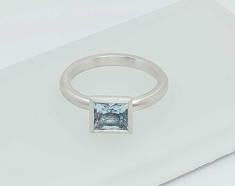 Brushed silver Square ring natural blue topaz