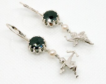 Dangle cupid earrings silver 925 Black stones  pearls
