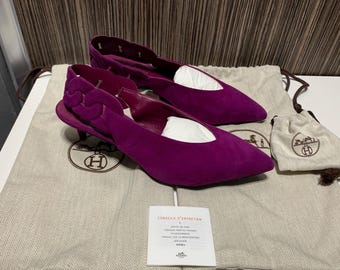 Hermes Sandals Shoes Logo Women’s Purple Leather Suede 100% Authentic Size 37 IT