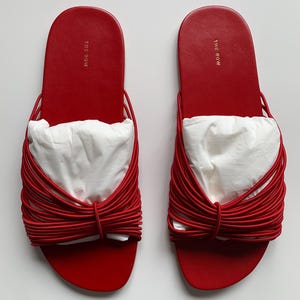 May include: A pair of bright red slide sandals featuring a flat sole and a wide strap composed of multiple thin, parallel red cords gathered in the center. The brand name THE ROW is printed in gold on the heel area of the red footbed.