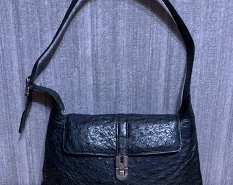 Lorenzi Ostrich Leather Hand Bag Vintage Black Women’s