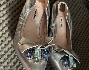 Miu Miu Balerine Shoes Decoration Leather Women Silver Size:36