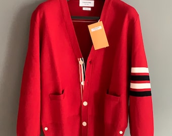 Thom Browne Cardigan Red Sweater V-Neck JumperMen's Merino Wool Slim-Fit Size:4