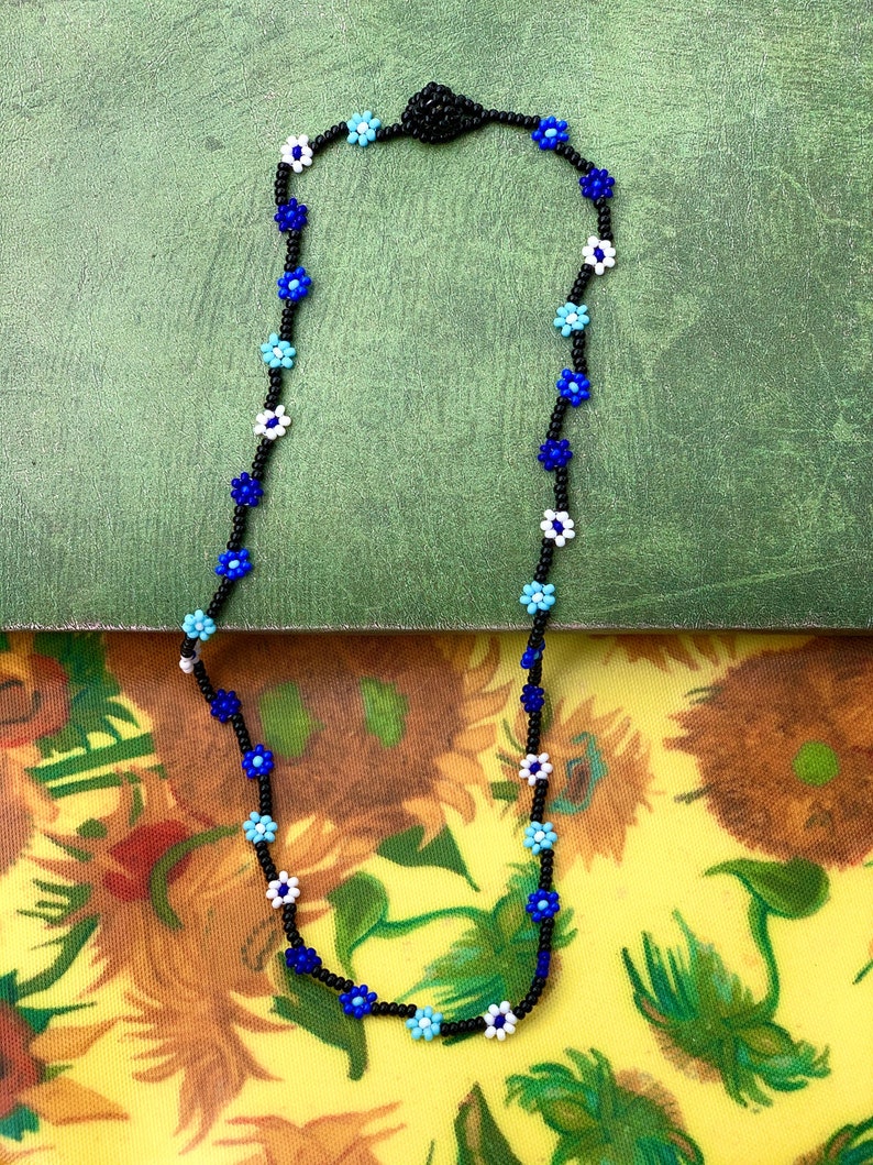 Bead Flower Necklace With Bead Closure blue, Light Blue, & White Etsy