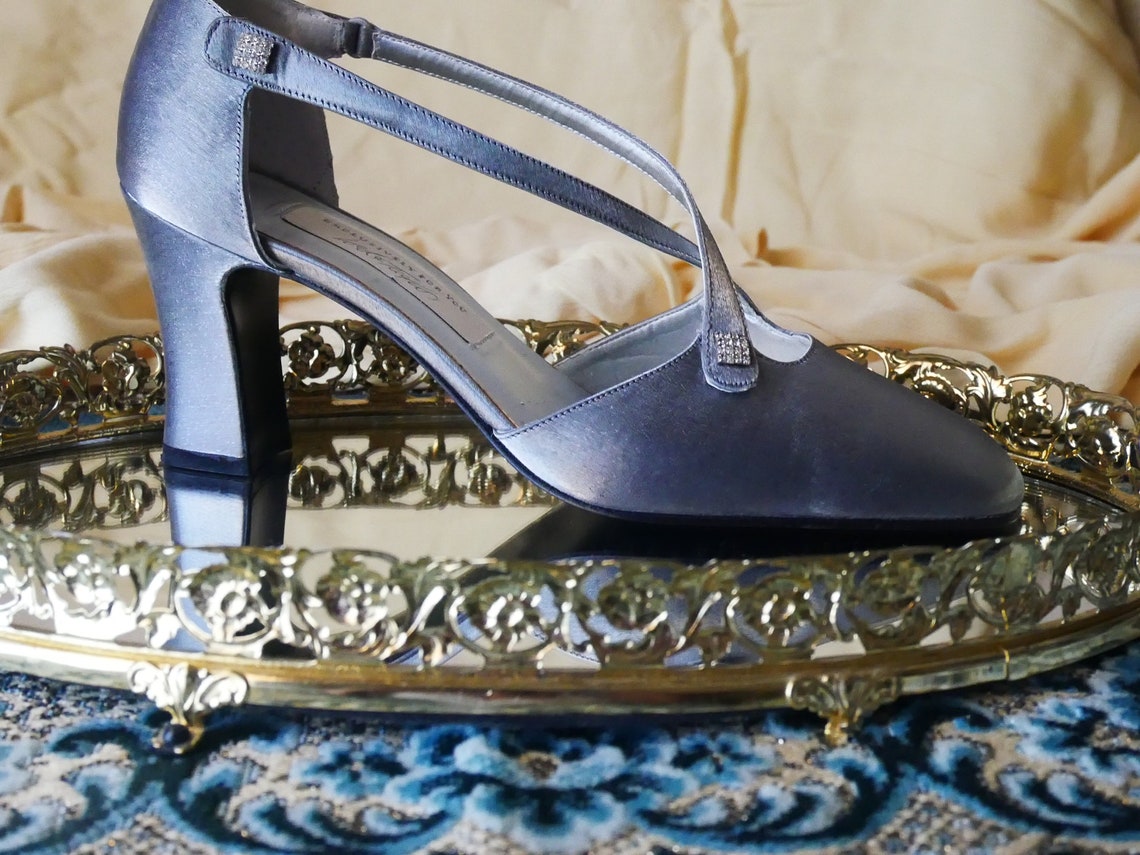 pewter block heel evening shoes