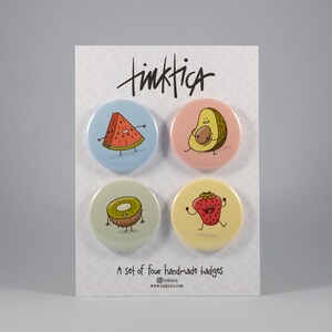 Pack de 4 chapas de simpáticas Frutas Kawaii 37mm Pin Badge