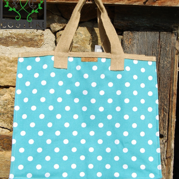Turquoise blue polka dot print Large Linen & Hessian bag Super strong 100% natural fibres  Sac de courses Imprimé à pois bleu turquoise