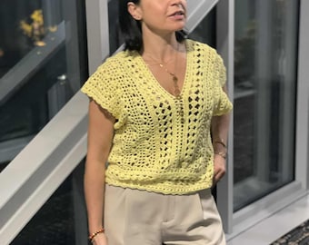 Top Sunshine Lace, Top rectangular de algodón tejido a crochet, Diseño de panel plano a medida, Patrón e instrucciones en PDF