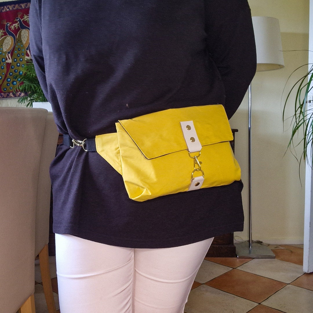 Yellow Belt Bag, Crossbody Bag, Dry Oilskin Fabric With Zipper Pockets