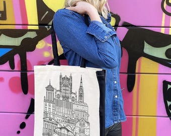 Bolsa de baño / Ilustración de baño / 100 % algodón natural / Lugares de interés del baño / Correas negras y paneles laterales negros / Bolso de lona