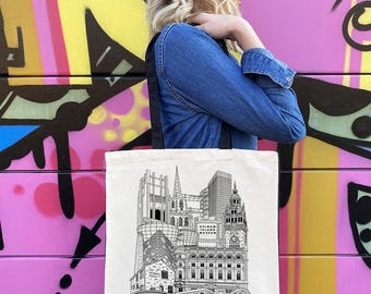 Bolso de mano Sheffield / Ilustración de Sheffield / 100 % algodón natural / Correas negras y paneles laterales negros / Bolso de compras de lona