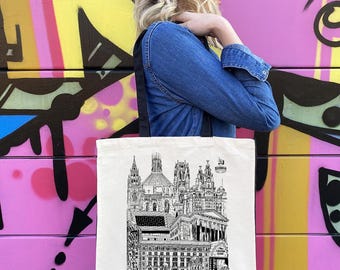 Bolso de mano Liverpool / Ilustración de Liverpool / 100 % algodón natural / Monumentos de Liverpool / Correas negras y paneles laterales negros / Bolso de lona