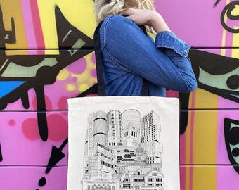 Bolso de mano de Leeds / Ilustración de la ciudad de Leeds / 100 % algodón natural / Monumentos de Leeds / Correas negras y paneles laterales negros / Bolso de lona