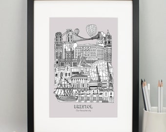 Impresión personalizada de Bristol / Ilustración de Bristol / Impresión de arquitectura de Bristol / Impresión de ciudad / Regalo de inauguración de la casa / Impresiones enmarcadas