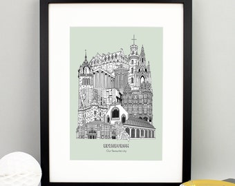 Lámina personalizada de Edimburgo / Ilustración de Edimburgo / Lámina arquitectónica de Edimburgo / Lámina urbana / Regalo de inauguración de la casa / Láminas enmarcadas