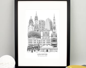 Personalised Leicester Print | Leicester Illustration | Leicester Architecture Print | City Print | Housewarming Gift | Framed Prints