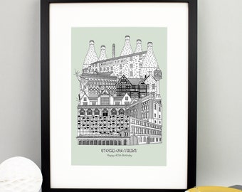 Personalised Stoke on Trent Print | Stoke Illustration | Stoke on Trent Architecture Print | City Print | Housewarming Gift | Framed Prints