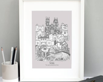 Lámina personalizada de York / Ilustración de York / Lámina arquitectónica de York / Lámina urbana / Regalo de inauguración / Láminas enmarcadas / A4 y A3