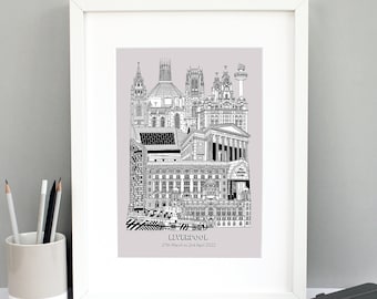 Lámina personalizada de Liverpool / Ilustración de Liverpool / Lámina arquitectónica de Liverpool / Lámina urbana / Regalo de inauguración de la casa / Láminas enmarcadas