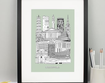 Impresión personalizada de Birmingham / Ilustración de Birmingham / Impresión arquitectónica de Birmingham / Impresión de la ciudad / Regalo de inauguración de la casa / Impresiones enmarcadas