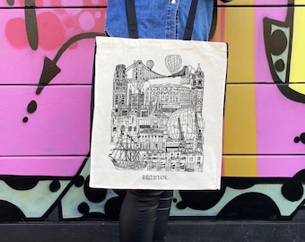 Bolso de mano Bristol / Ilustración de Bristol / 100 % algodón natural / Monumentos de Bristol / Correas negras y paneles laterales negros / Bolso de lona