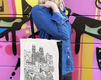 York Tote Bag | York Illustration | 100% Natural Cotton | York Landmarks | Black Straps Black Side Panels | Canvas Shopper