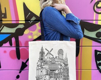 Nottingham Tote Bag | Nottingham Illustration | 100% Natural Cotton | Nottingham Landmarks | Black Straps Black Side Panels | Canvas Shopper