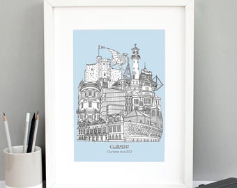 Personalised Cardiff Print | Cardiff Illustration | Cardiff Architecture Print | City Print | Housewarming Gift | Framed Prints | A4 and A3