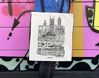 Bolso de mano Derby / Ilustración de la ciudad de Derby / 100 % algodón natural / Monumentos de Derby / Correas negras y paneles laterales negros / Bolso de compras de lona