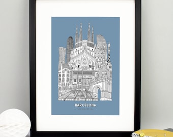 Impresión personalizada de Barcelona / Ilustración de Barcelona / Regalo de cumpleaños / Regalo de viaje / Regalo de aniversario / Regalo de boda / Regalo de inauguración de la casa