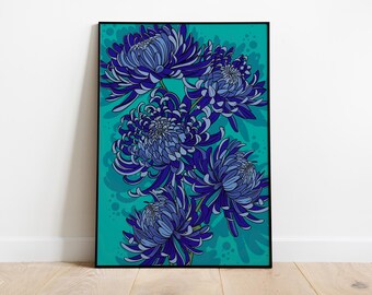 Impresión de crisantemo azul / Ilustración floral / Ilustración botánica / Decoración de pared de flores / Pared de galería / A4 y A3 enmarcado o sin marco