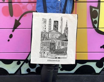 Bolso de mano Birmingham / Ilustración de Birmingham / 100 % algodón natural / Monumentos de Birmingham / Correas negras y paneles laterales negros / Bolso de lona