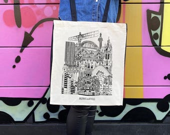 Newcastle Tote Bag | Newcastle Illustration | 100% Natural Cotton | Newcastle Landmarks | Black Straps Black Side Panels | Canvas Shopper