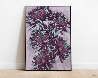 Impresión de crisantemo morado / Ilustración floral / Ilustración botánica / Decoración de pared de flores / Pared de galería / A4 y A3 enmarcado o sin marco