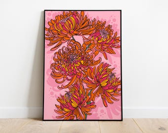 Impresión de crisantemo rosa y naranja / Ilustración floral / Ilustración botánica / Decoración de pared / Pared de galería / A4 y A3 enmarcado o sin marco