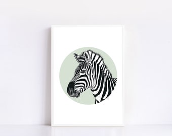 Impresión de ilustración de cebra / Arte mural de animales de safari para guardería